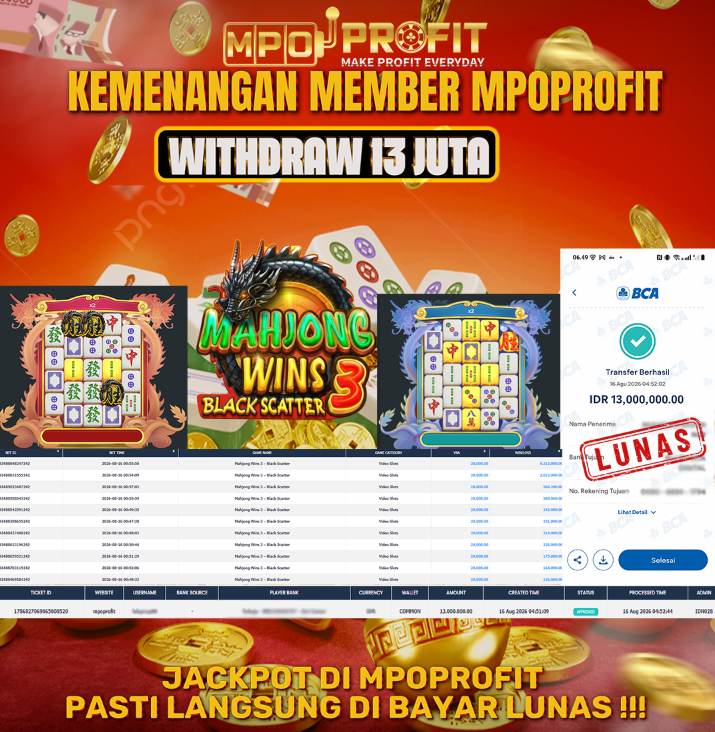 MPOPROFIT JACKPOT SLOT PRAGMATIC! KEMENANGAN MURNI DI (MAHJONG BLACK SACTTER  TOTAL 13.000.000,- LUNAS)